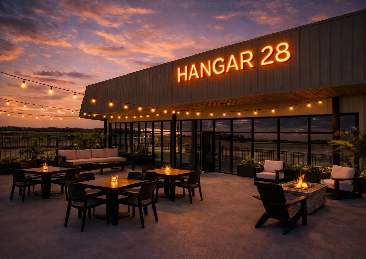 Hangar 28 patio overlooking the runway at sunset