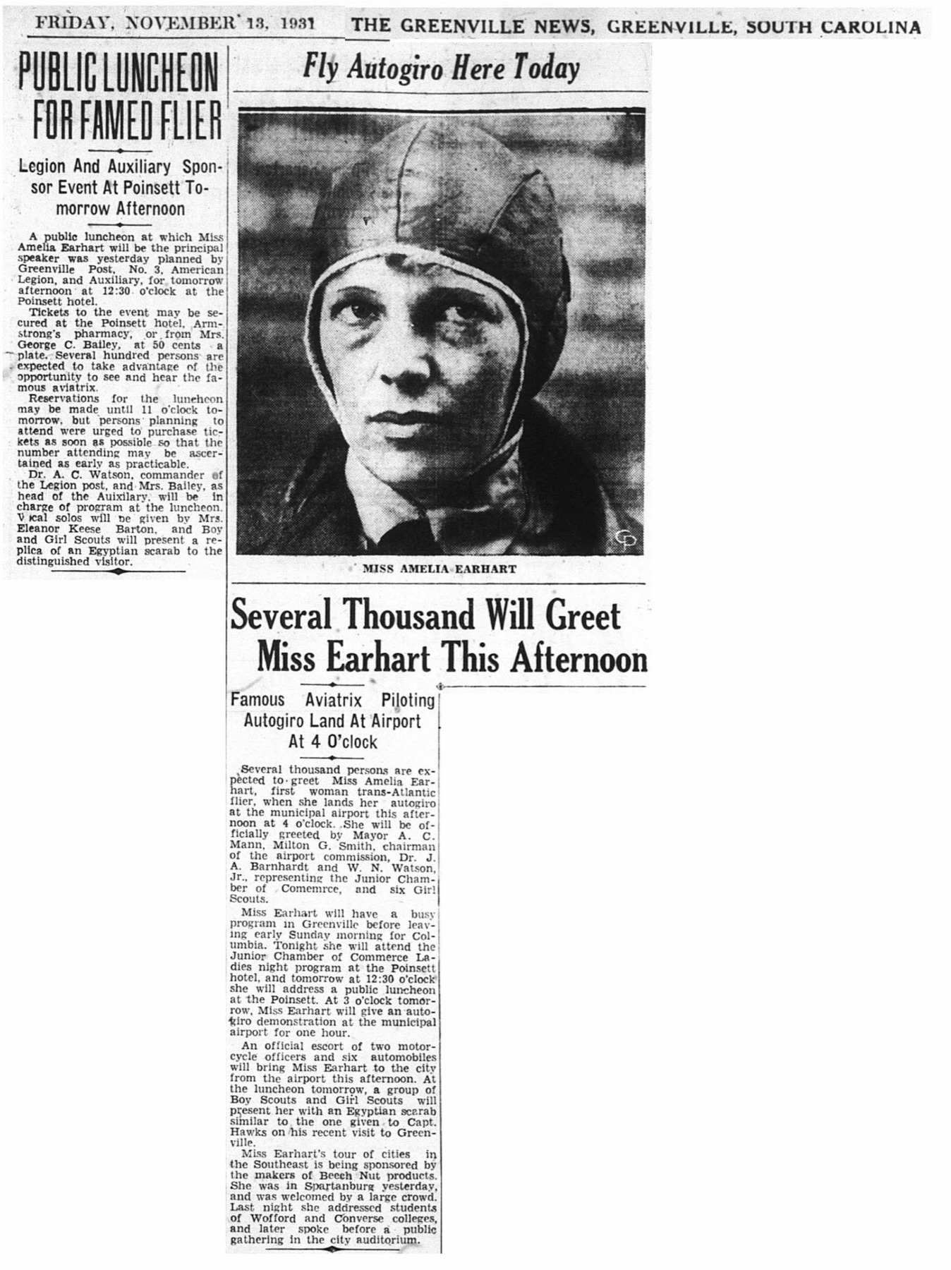 Historic Greenville newspaper page from the airport history archive